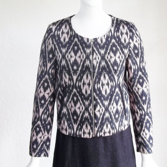 H&M Ikat Print Zip Front Black & Tan Cotton Short Jacket Sz 6 - Picture 1 of 6